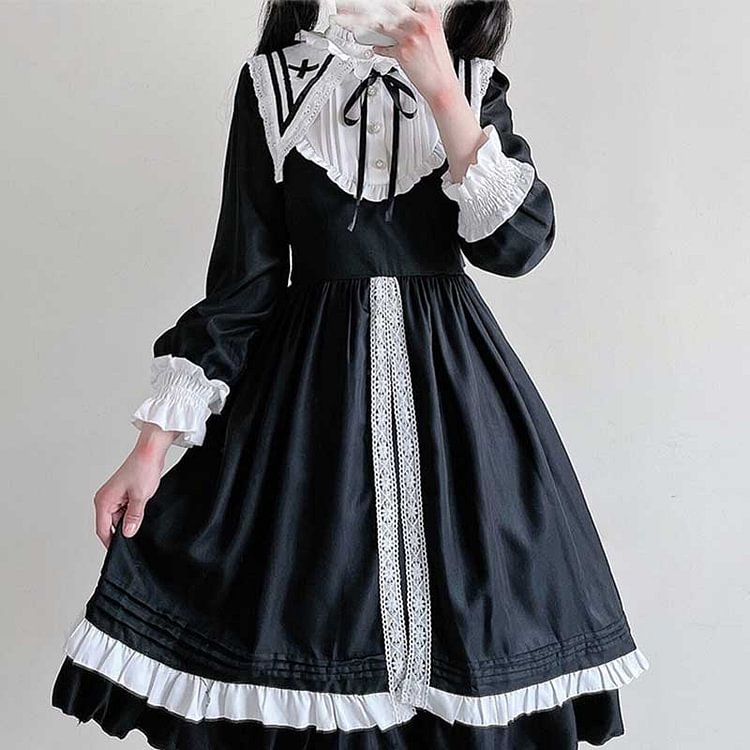 Vintage Lace Up Lolita Dark Maid Dress - Modakawa Modakawa