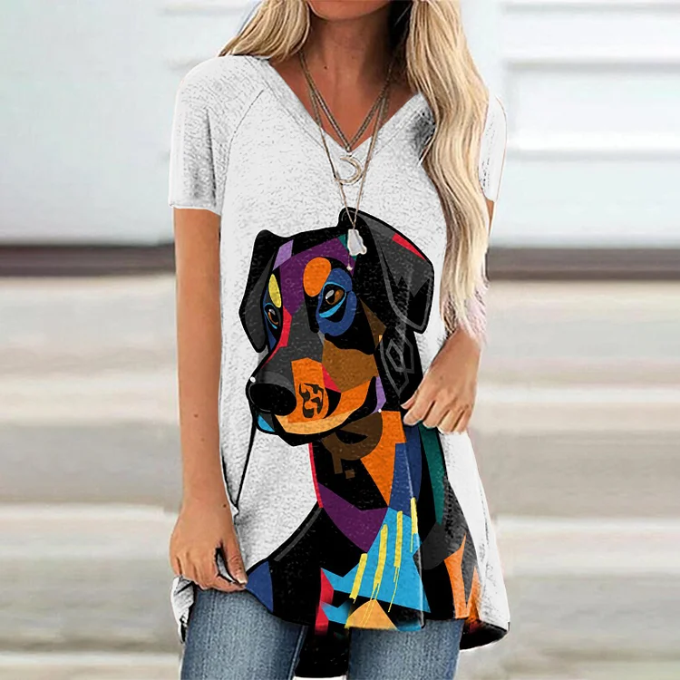 Casual V Neck Oil Painting Dog Print Tunic