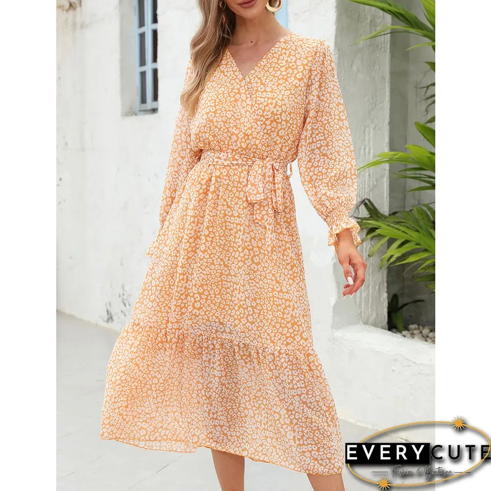 Yellow Floral Print V Neck Long Sleeve Swing Dress