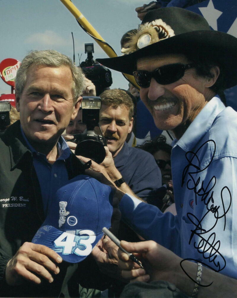 RICHARD PETTY SIGNED AUTOGRAPH 8X10 Photo Poster painting - NASCAR ICON W/ PRESIDENT GEORGE BUSH