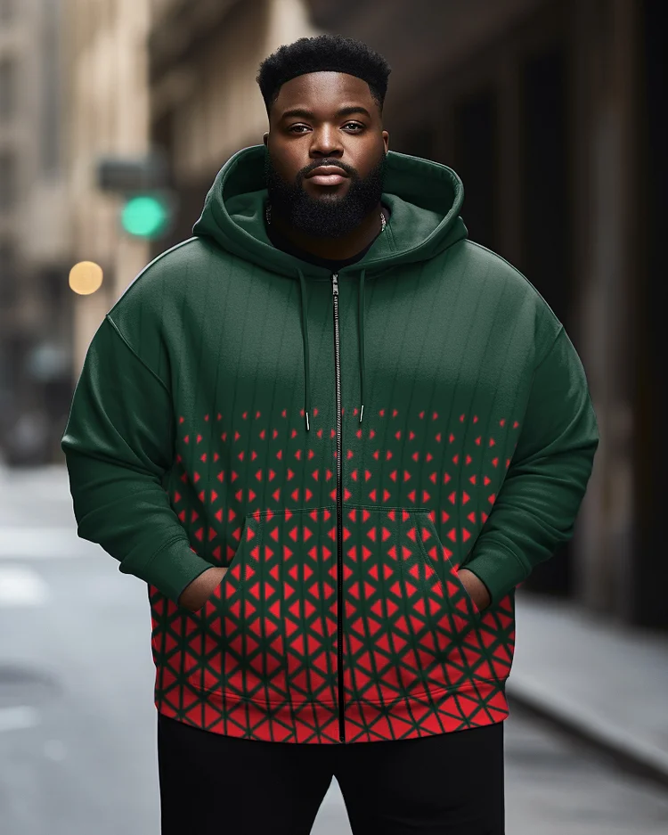 Men's Plus Size Casual Green Plaid Graphic Zip Hoodie