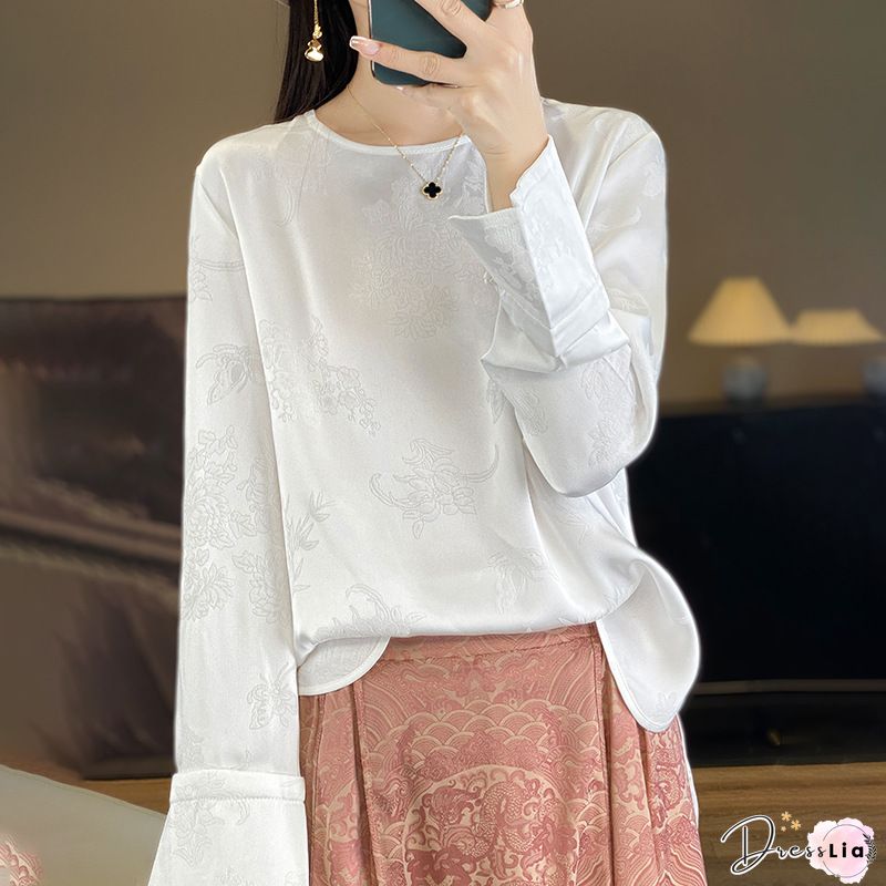 Jacquard Beige V Neck Button Patchwork Silk Top Long Sleeve