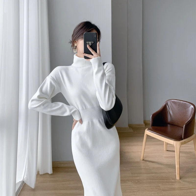 Women's New  Elegant Autumn Winter Turtleneck Basic Knitted Sweater Dress Office Lady Slim Clothes Vestidos