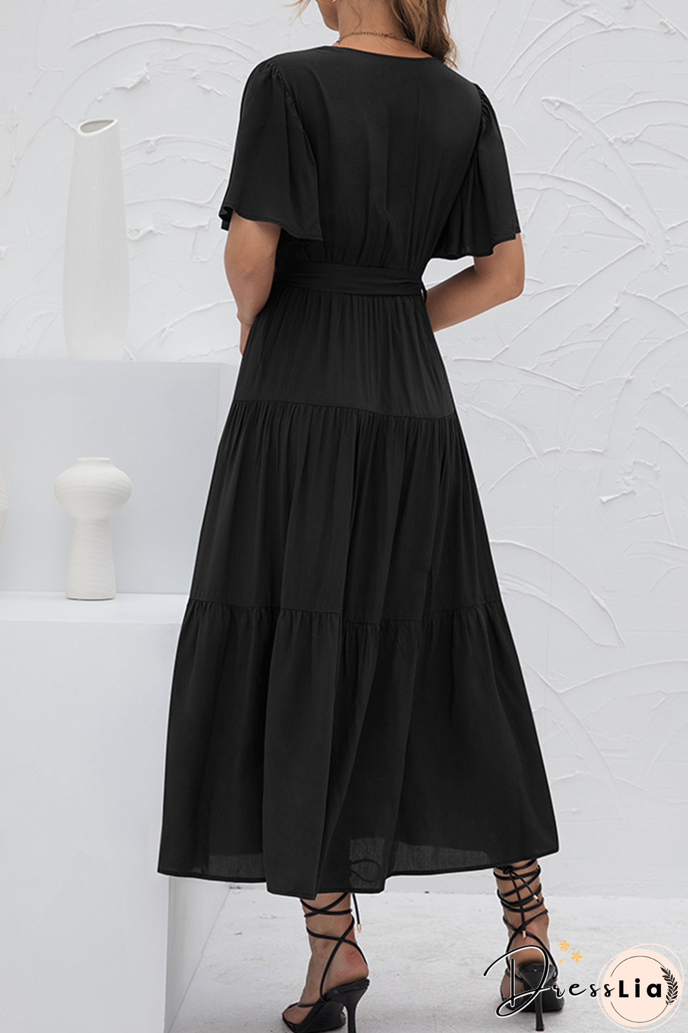 Elegant Solid Split Joint With Belt V Neck Cake Skirt Dresses(4 Colors)
