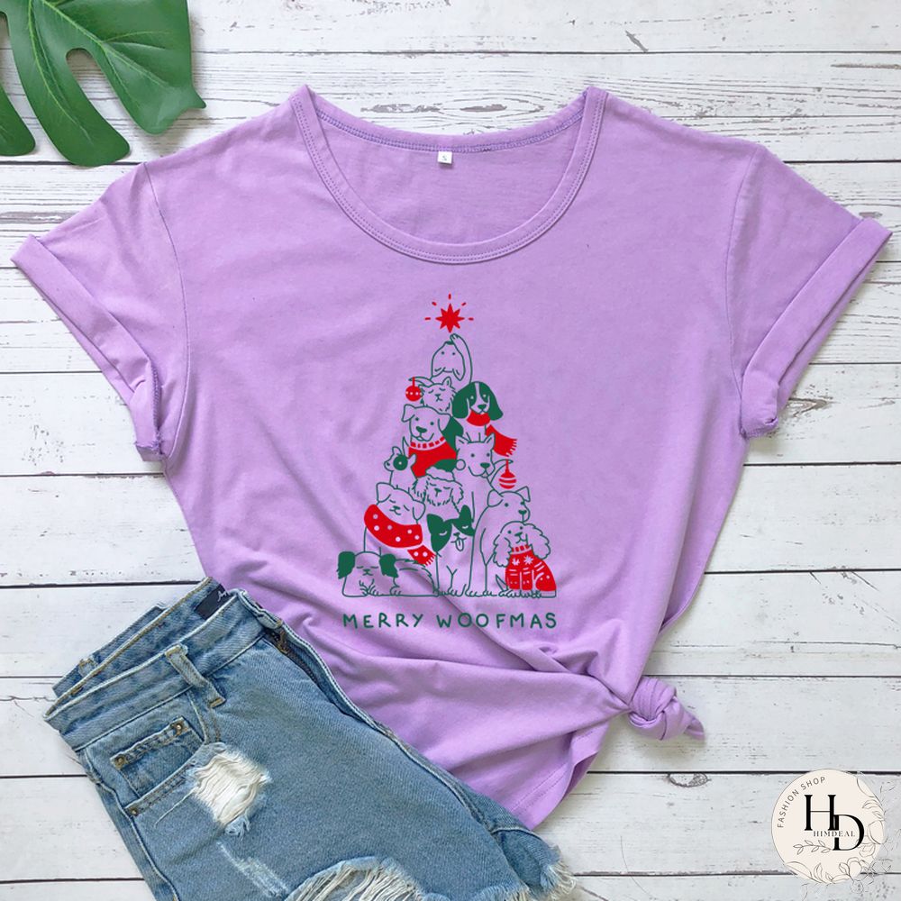 Merry Woofmas Colored Print T-shirt Kawaii Dog Lover Christmas Holiday Gift Tshirt Funny Women Graphic Tees Tops Drop Shipping