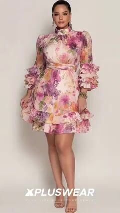 Xpluswear Design Plus Size Wedding Guest Pink Floral Mock Neck 3/4 Sleeve Ruffle Chiffon Mini Dresses 2024 - Xpluswear