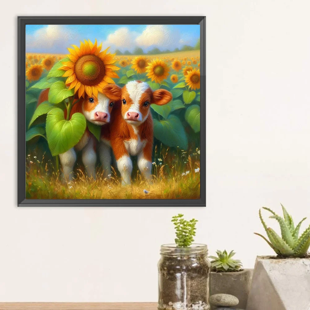Diamond Painting - Full Round Drill - Sunflower Field Two Cows(Canvas|30*30cm)