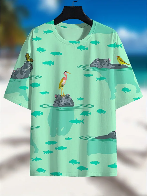Men's Hippo Fish Vacation Art Print Casual T-Shirt
