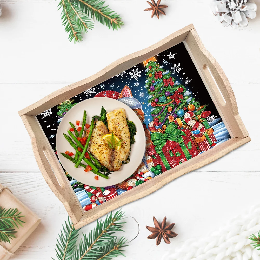 5D DIY Wooden Christmas Cat Tree Diamond Painting Serving Tray for Home Decor