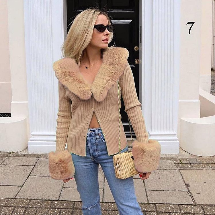 Women's Sexy Knitted Jacket With Fur Collar