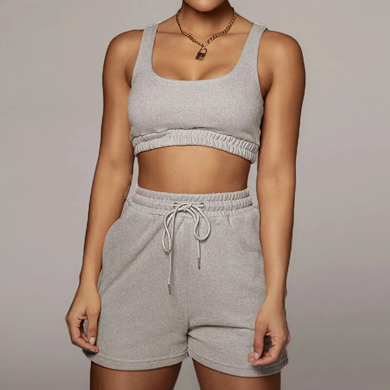 2 Pieces Set Summer Women Tracksuit Crop Top  And Drawstring Shorts Casual Solid Shorts Female Loungewear Women Fitness Suit