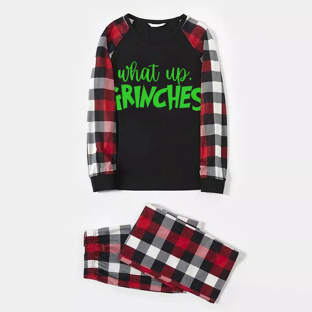 Christmas 'What Up' Letter Print Casual Plaid Sleeve Contrast Tops and Red & Black & White Plaid Pants Family Matching Pajamas Set With Dog Bandana