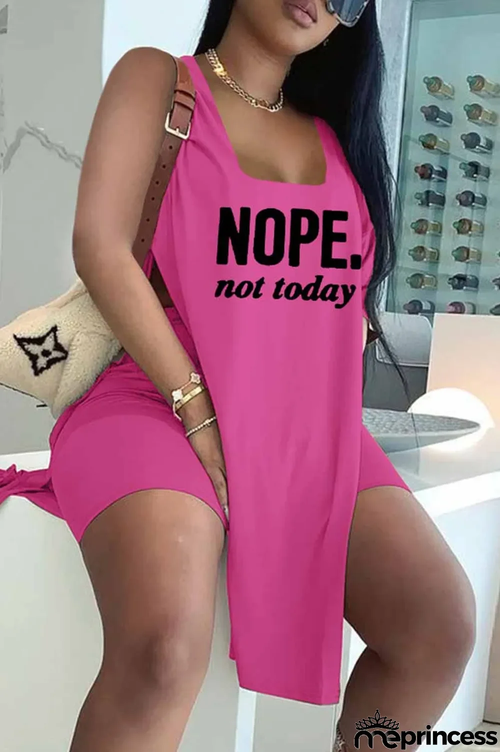 Rose Red Fashion Casual Letter Print Slit U Neck Sleeveless Two Pieces