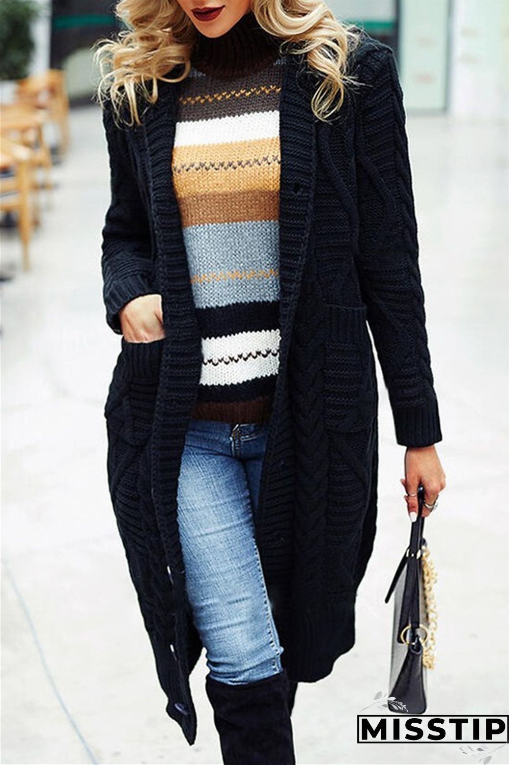Black Casual Solid Patchwork Cardigan Collar Outerwear