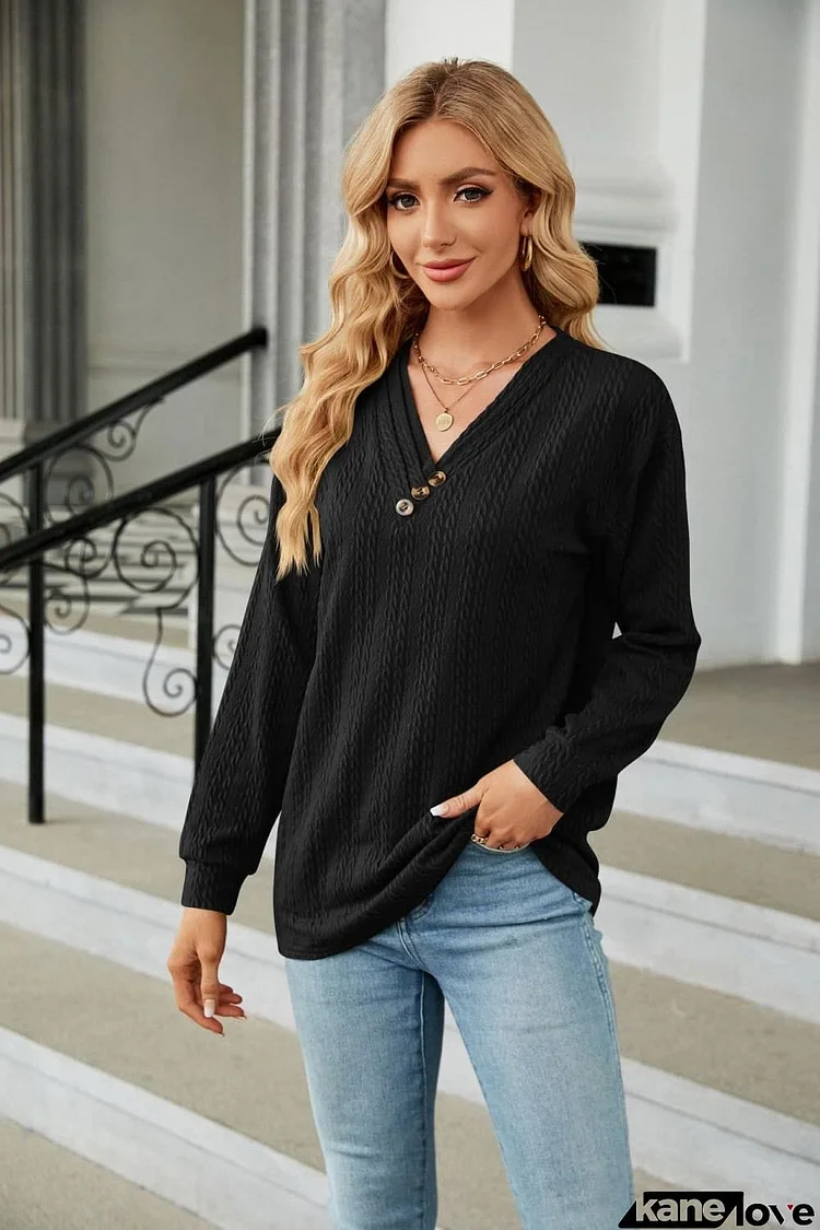 Decorative Button V-Neck Long Sleeve T-Shirt