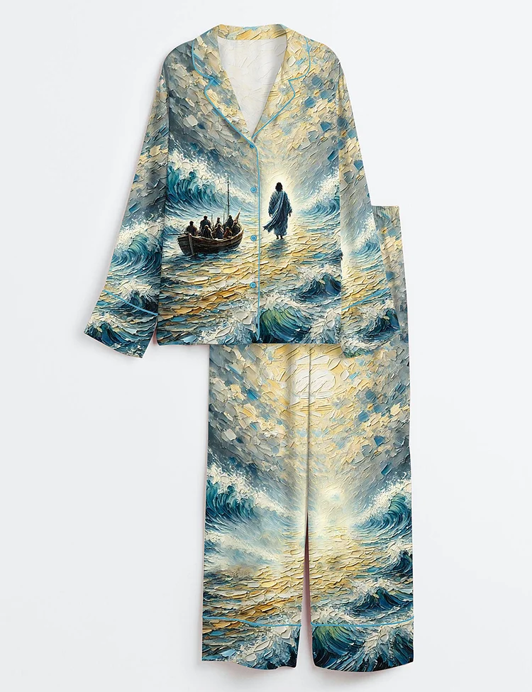 Women&rsquo;s Easter Christian Jesus Walking In The Ocean Print Long Sleeve Satin Pajama Set