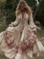 Women's Vintage Roses Embroidery Art V-neck Long Sleeves Maxi Dress