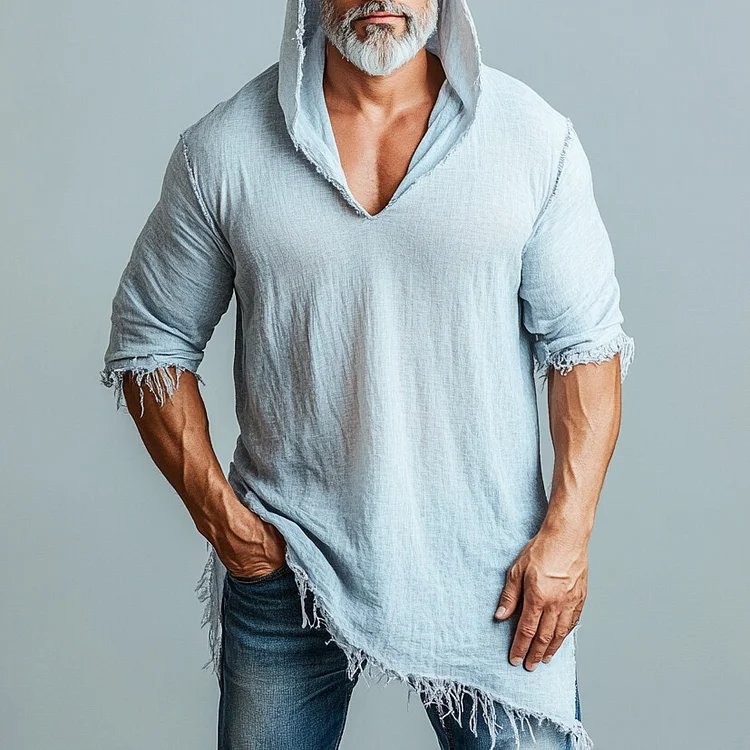 Men's Raw Edge 3/4 Sleeve Irregular Hem Hooded Shirt