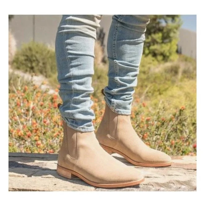 Beige NEW Men Chelsea Boots faux suede Classic High Top Pointed Low Heel Fashion Autumn Comfortable Classic Autumn KN407