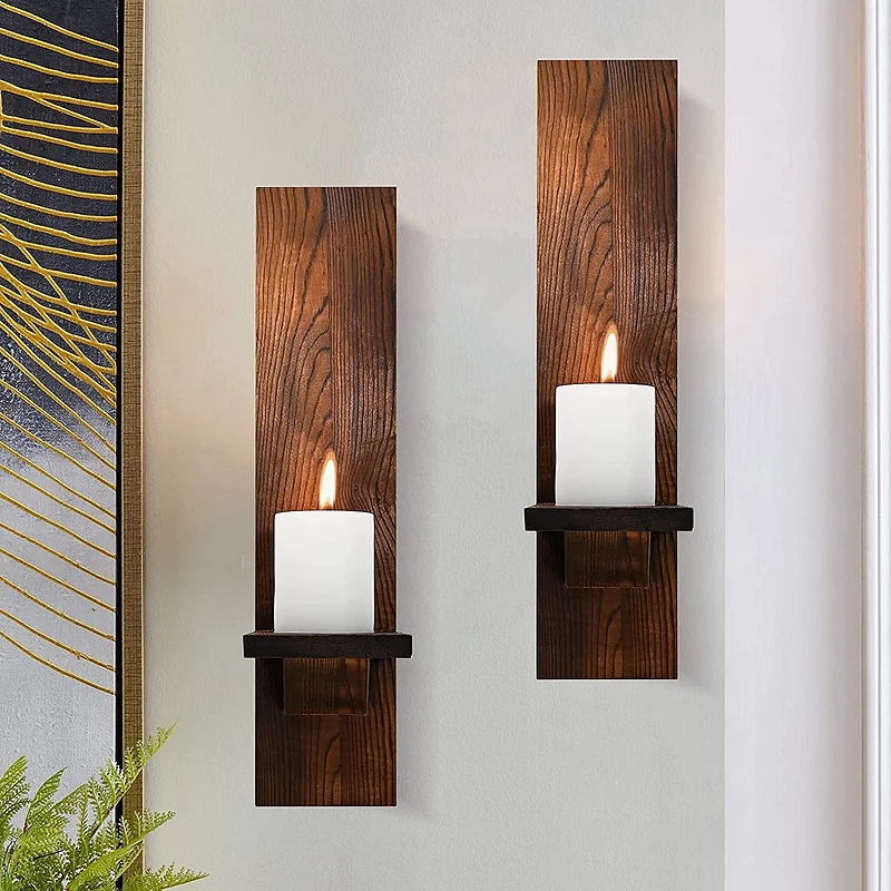 2Pcs Large Wooden Wall Mounted Candle Holder Rustic Pillar Candle