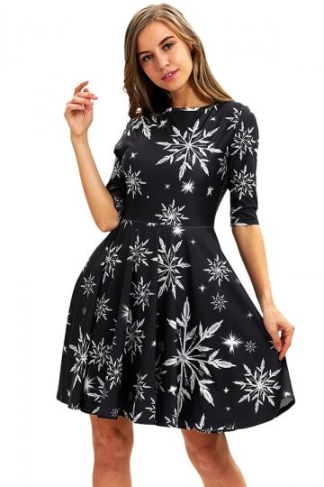Crew Neck Half Sleeve Snowflake Print Midi Christmas Dress Black-elleschic