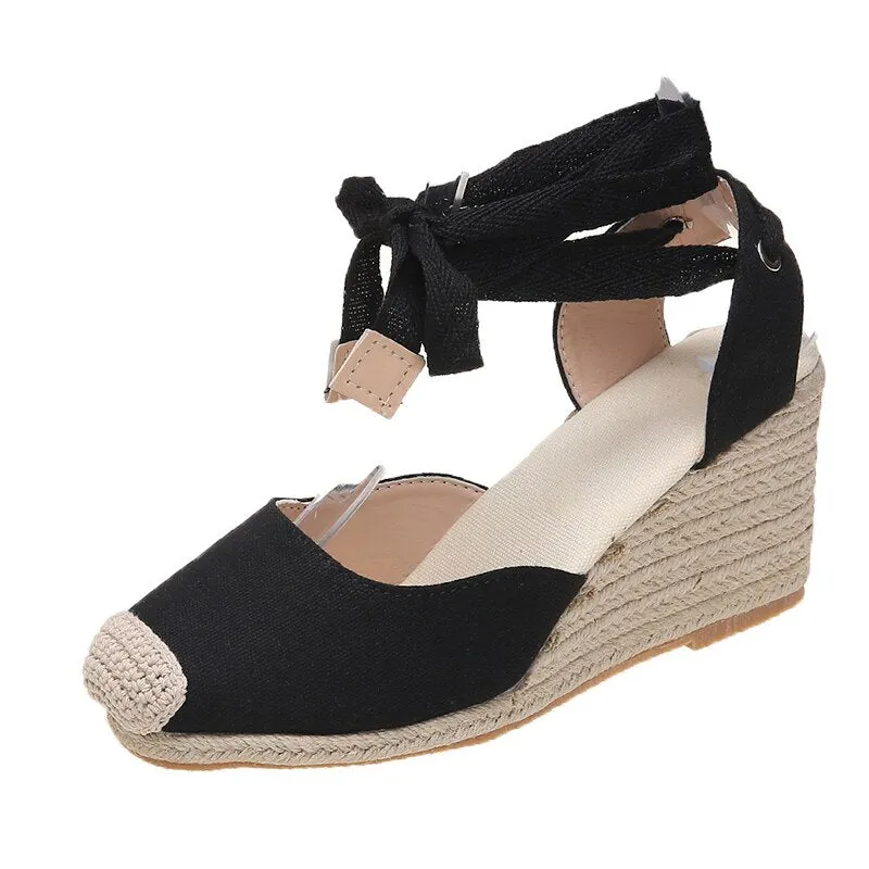 Women's Wedges Espadrilles Sandals Summer 2022 Ankle Strap Gladiator Sandals Woman Casual Hemp Bottom Canvas Pumps Shoes