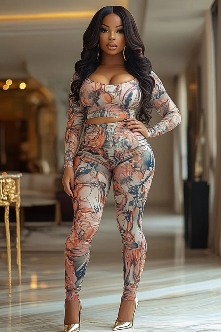 Print Crew Neck Long Sleeve Crop Top Leggings 2pcs Set-Orange