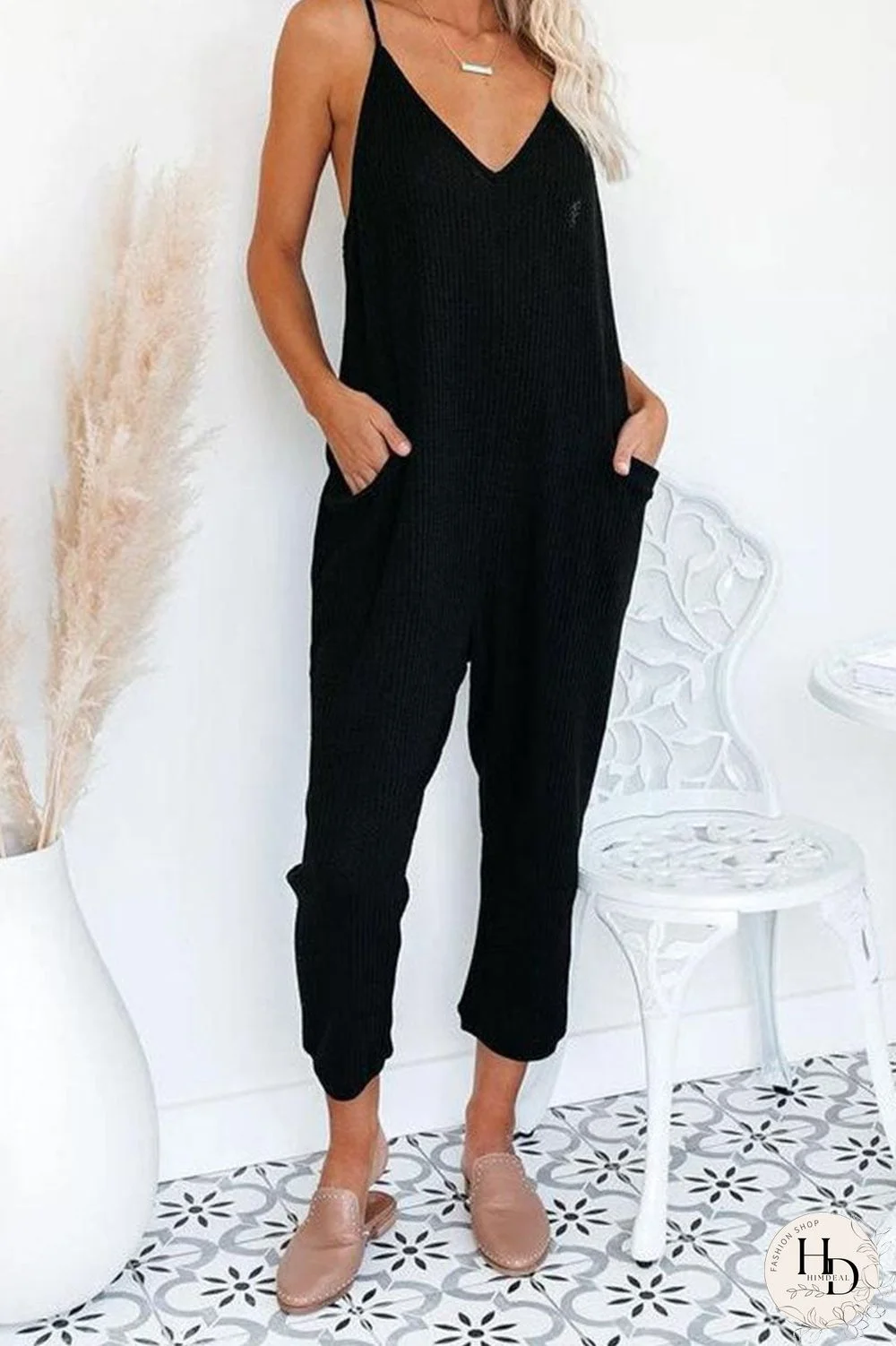 Fashion Street Solid Pocket V Neck Loose Jumpsuits(4 Colors)