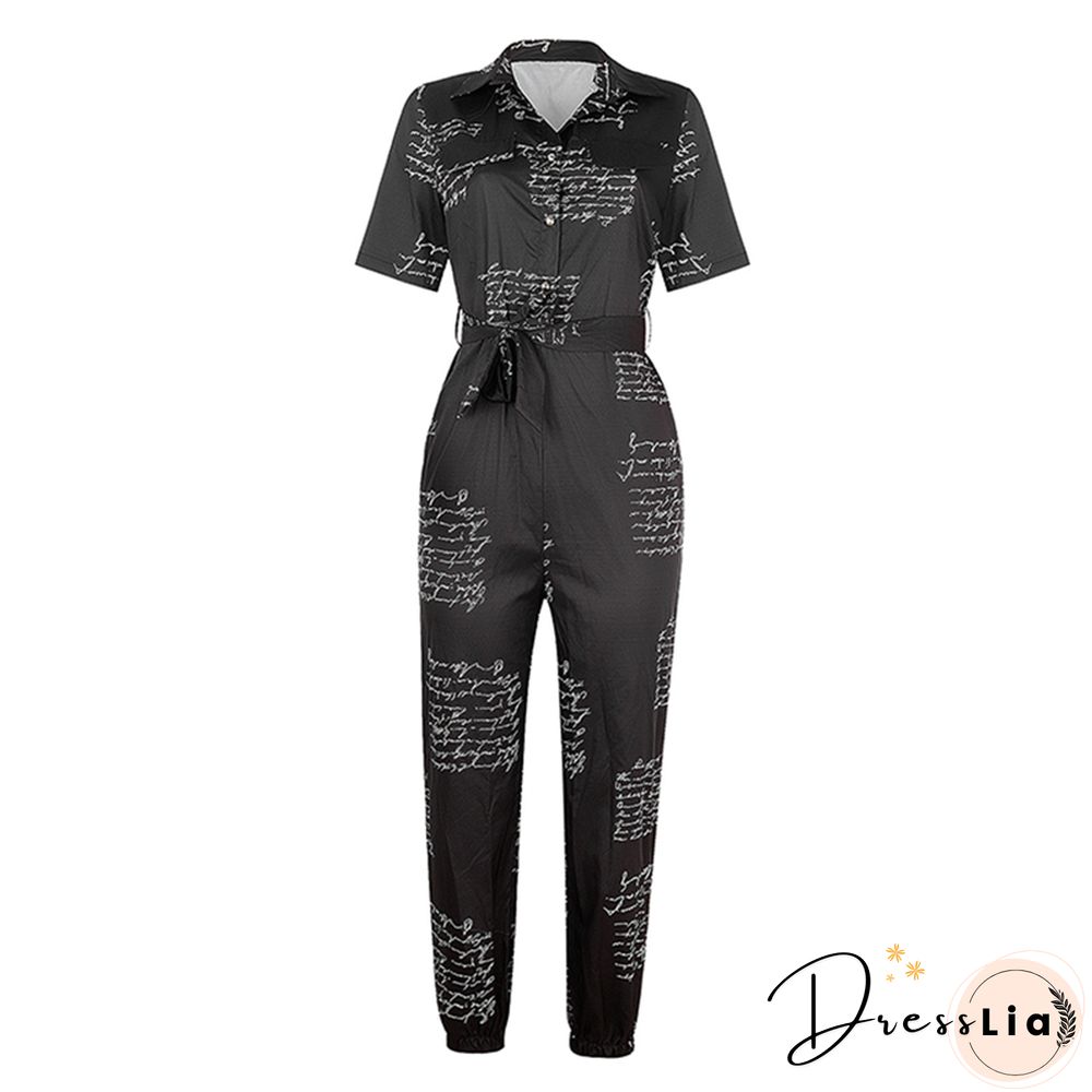 Women Elegant Summer Jumpsuit Short-Sleeved Playsuit Vintage Button Rompers With Waistband Casual Ladies Outfits