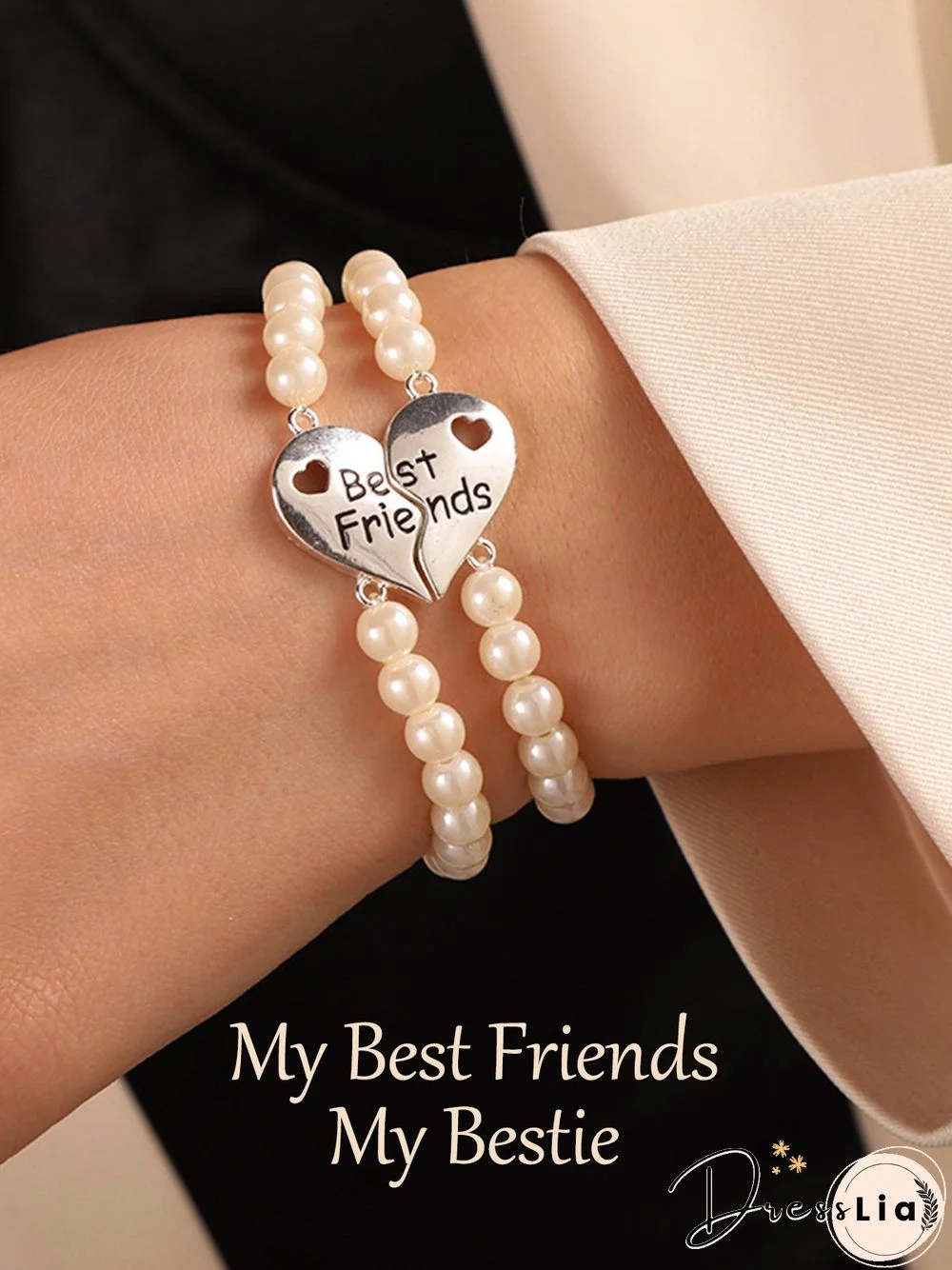 2Pcs Bestfriends Heart Letter Pearl Bracelet Bestie Bracelet