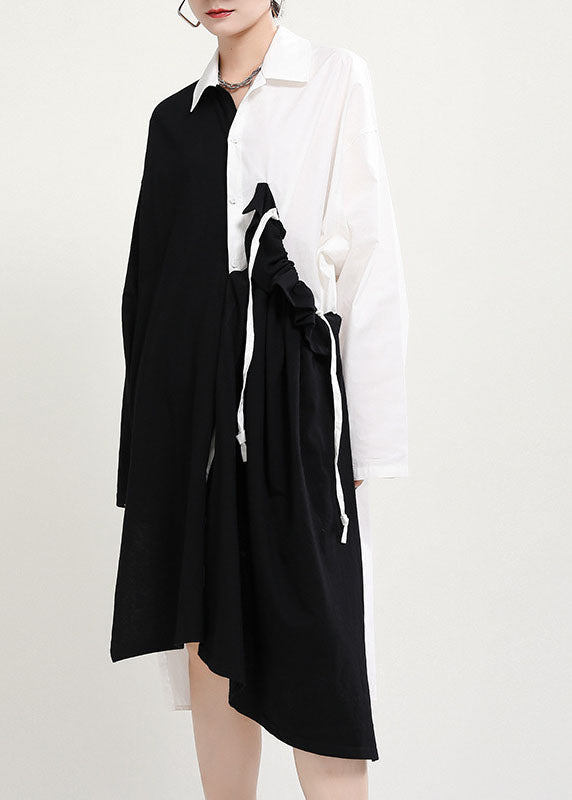 VCSHOES Black White Patchwork asymmetrical design Fall Dress Long sleeve