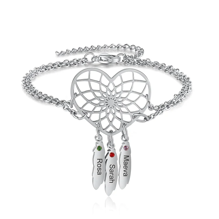 Heart Dream Catcher Bracelet Custom 3 Names Birthstones Bracelet for Women