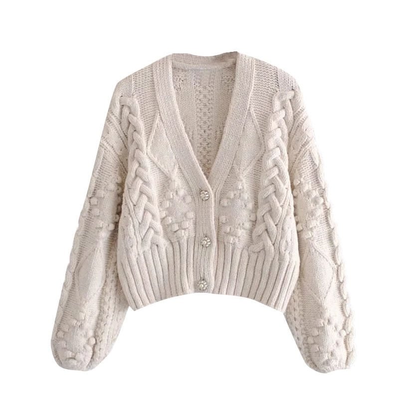 TRAF Women Fashion Pompom Appliques Cropped Knitted Cardigan Sweater Vintage Long Sleeve Female Outerwear Chic Tops