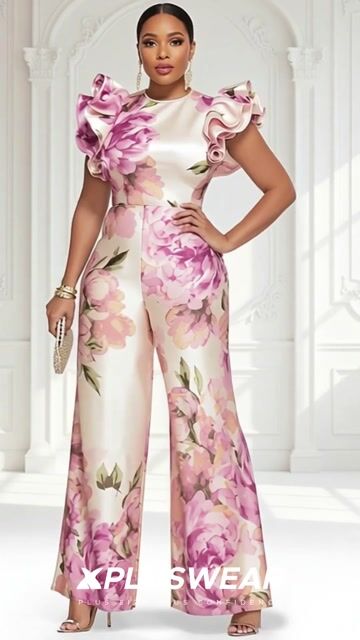 Xpluswear Design Plus Size Wedding Guest Pink Floral Round Neck Flutter Sleeve Ruffle Wide Leg Satin Jumpsuits 2024 - Xpluswear
