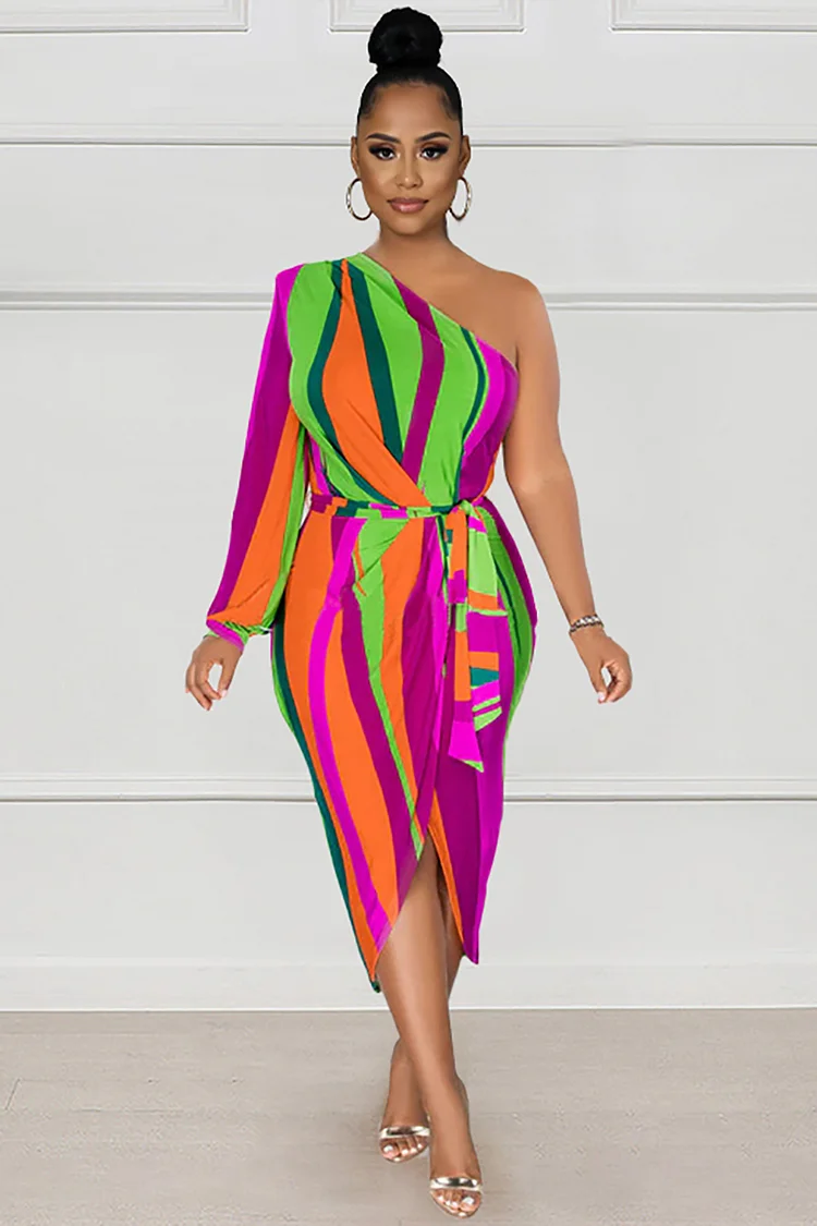 One Shoulder Long Sleeve Colorblock Knotted Bodycon Wrapped Midi Dress