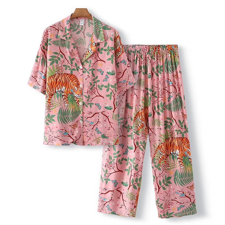 Women's New trends Print Comfortable Lapel Cotton Satin Sleepwear Sets