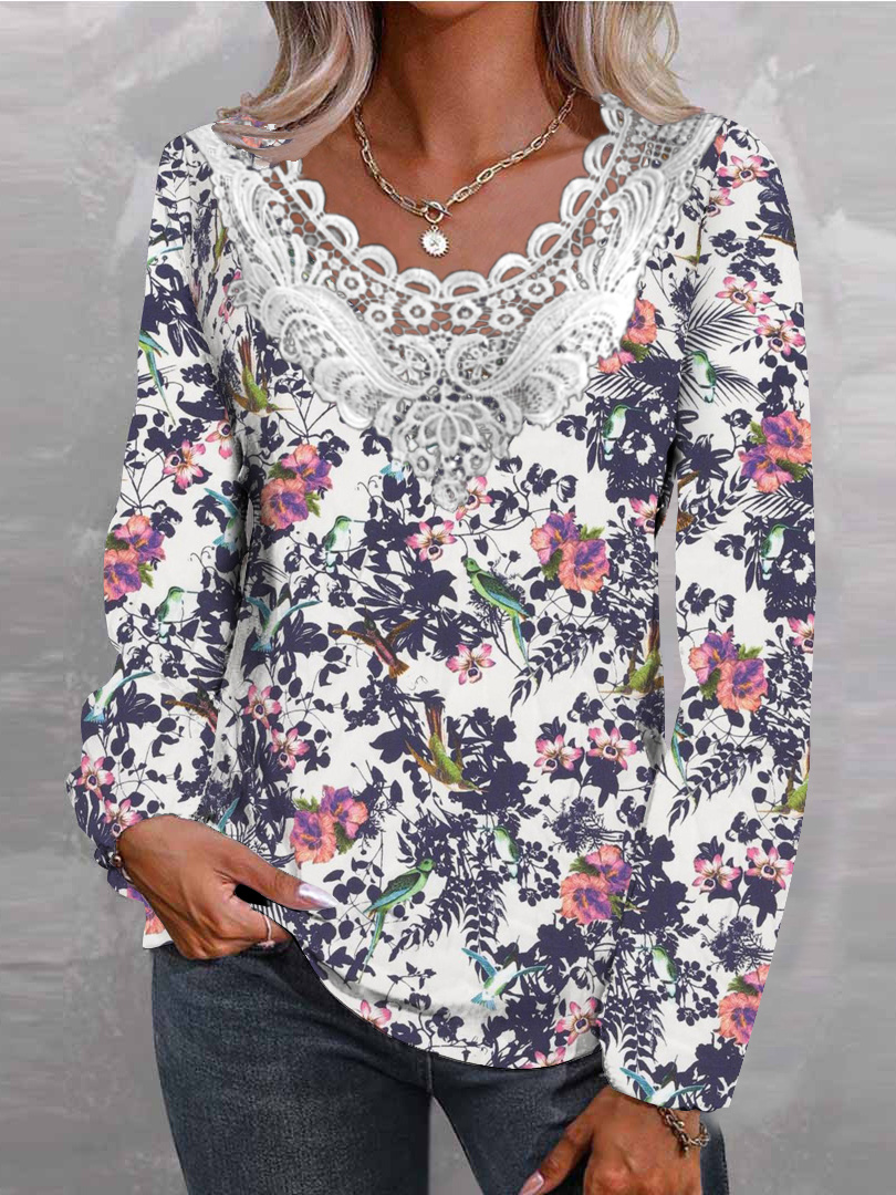 Women Long Sleeve V-neck Graphic Floral Printed Top