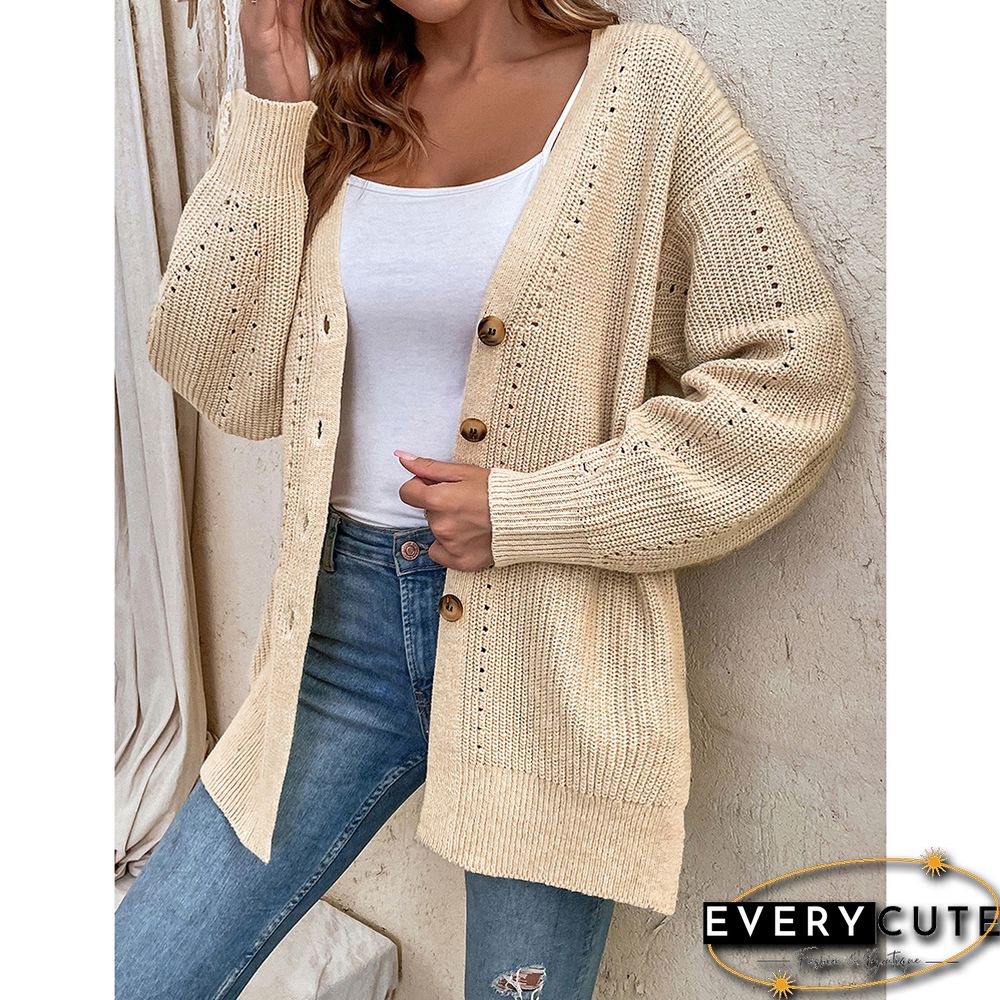 Khaki Hollow-out Button Split Cardigan