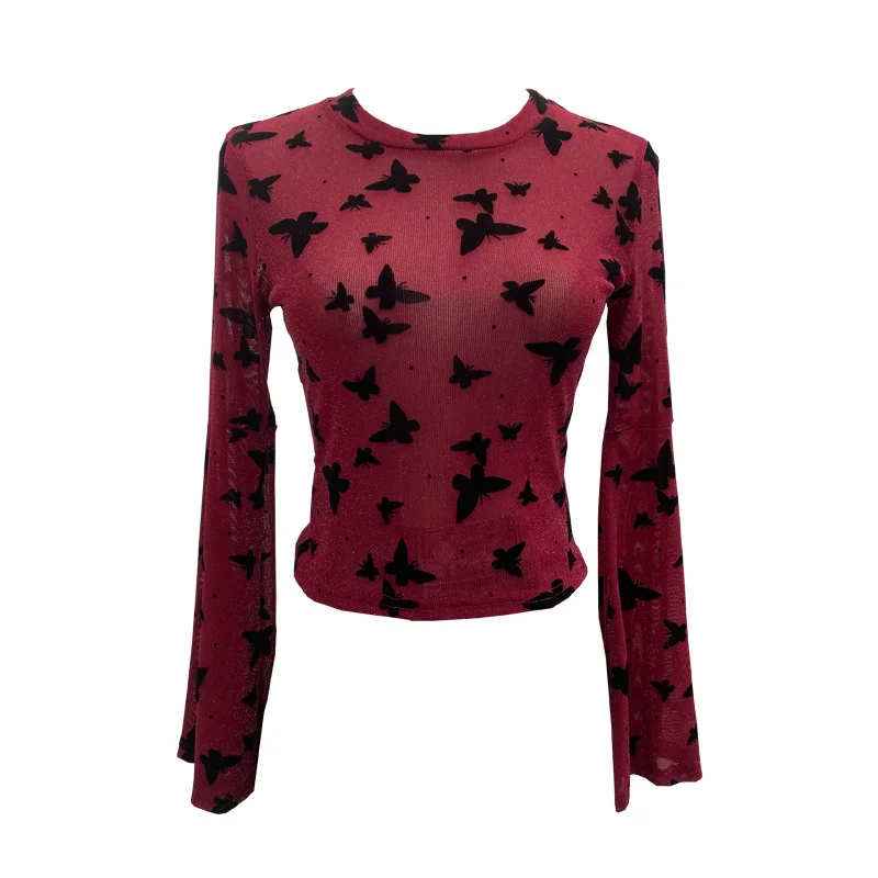 Churchf Real Shooting Spice Girl Butterfly Shiny Shiny Mesh Yarn Long-Sleeved T-Shirt Horn Sleeve Short Repair Body Jacket 8031