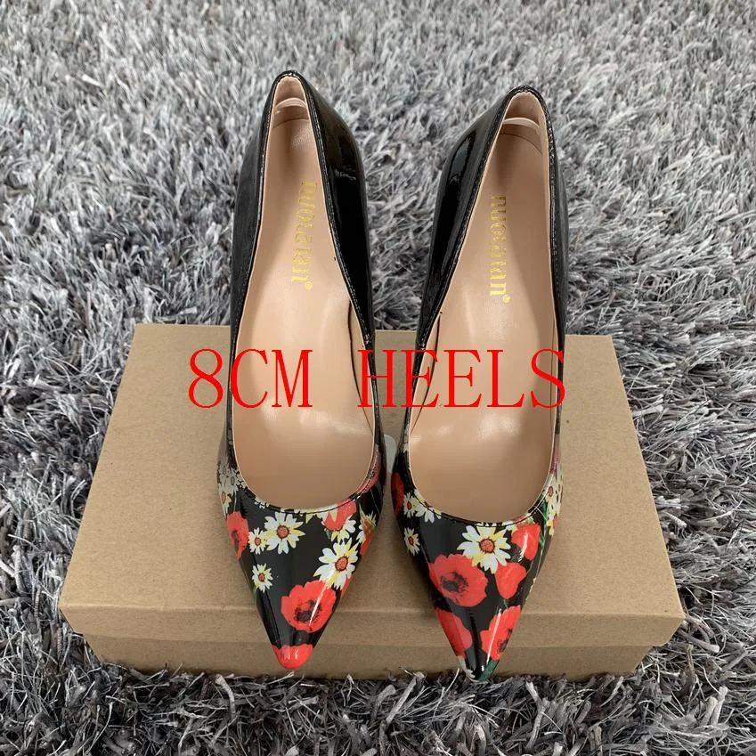 Fashion Women Shoes Stiletto 12cm/10cm/8cm High Heels Women Pumps Floral Print Patent Leather Ladies Party Wedding Woman Shoes