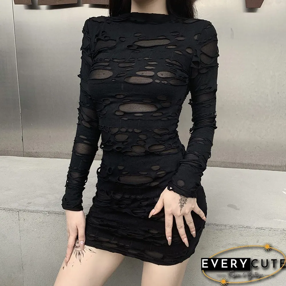 New Gothic Black Mini Dress Streetwear Rock Punk Hollow Retro High Waist Long Sleeve