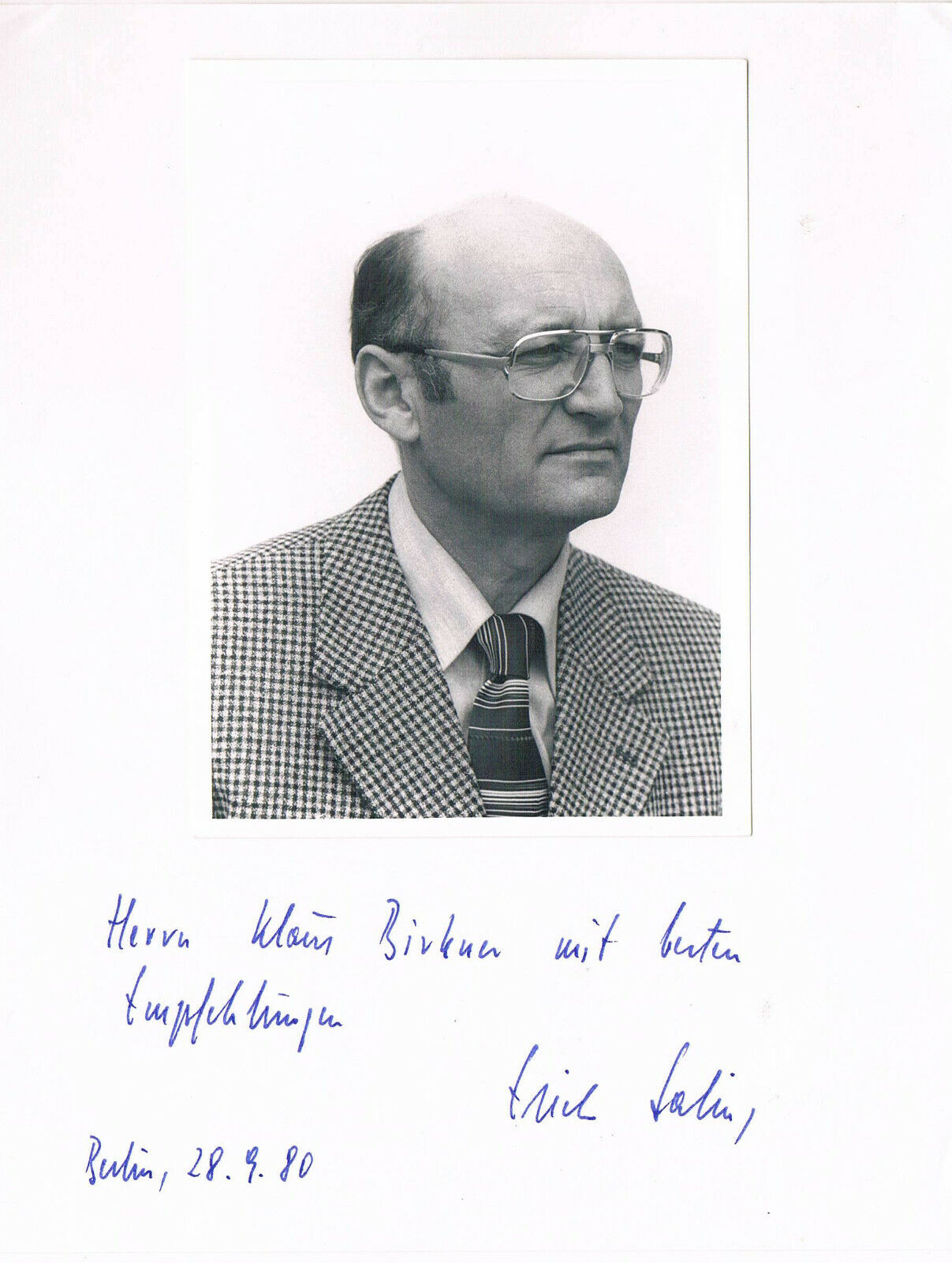 Professor Erich Saling 1925- autograph signed card 6x8