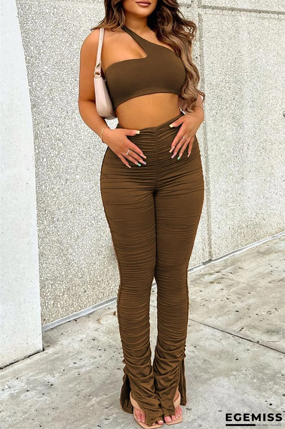 Brownness Fashion Casual Solid Backless Slit Fold One Shoulder Sleeveless Two Pieces | EGEMISS