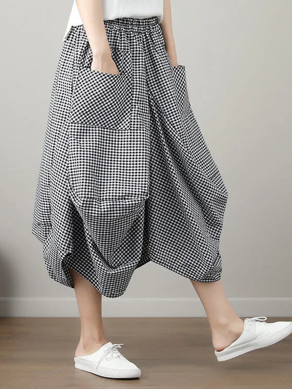 Pockets Pleated Plaid Elasticity Loose Irregularity Skirts