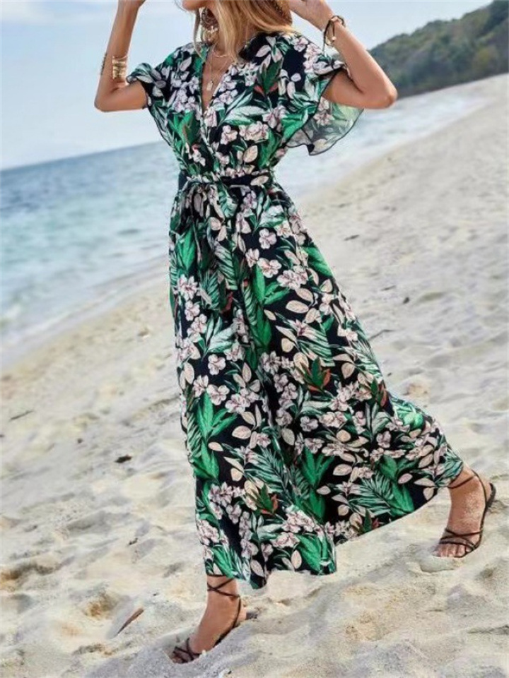 New V-neck Fashion Floral Print Bohemian Seaside Resort Style High Waist Temperament Commuter Dress Long Dress