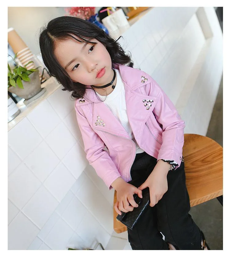 girls leather jacket PU jacket for children 2-7 year old fashion rivet belt, lapel leather, motorcycle Cool wild rivets outwear