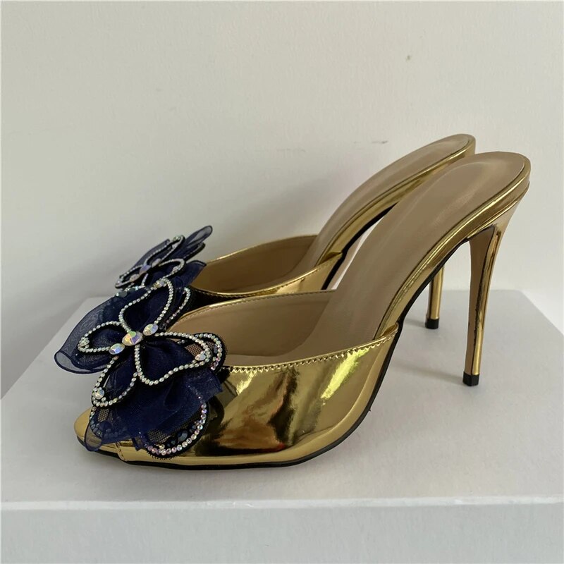 VCSHOES Jeweled Rhinestone Butterfly-flower Women's Sandals 10cm Stiletto Heel Peep Toe Slingbacks Party Shoes