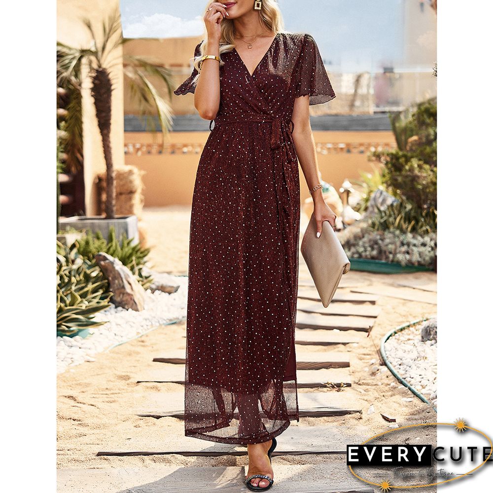 Burgundy Sequined V Neck Split Evening Dress