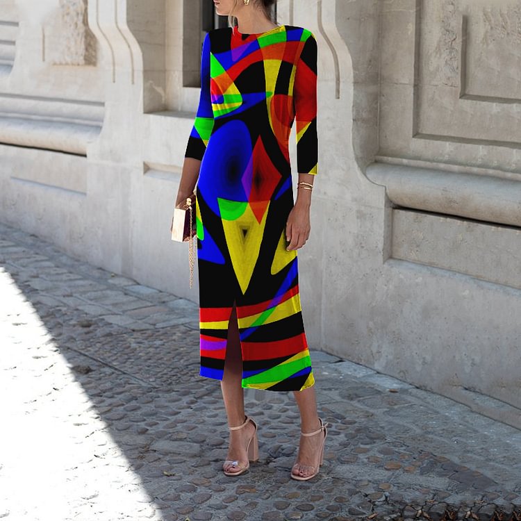 Round Neck Colorful Wave Print Midi Dress