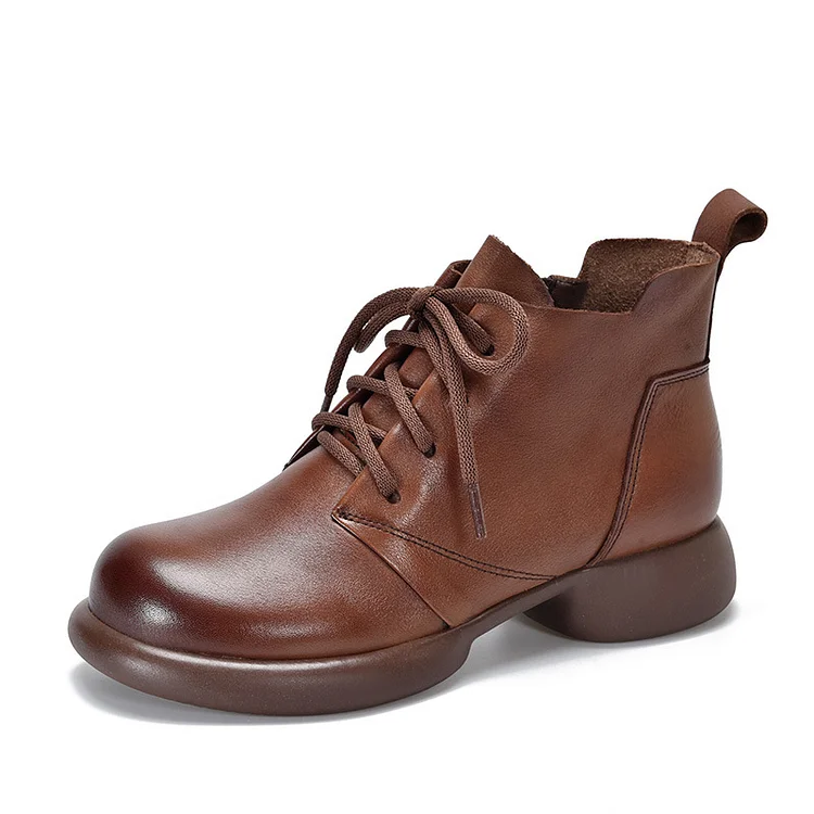 Vintage Leather Round Toe Lace-Up Boots - yankia